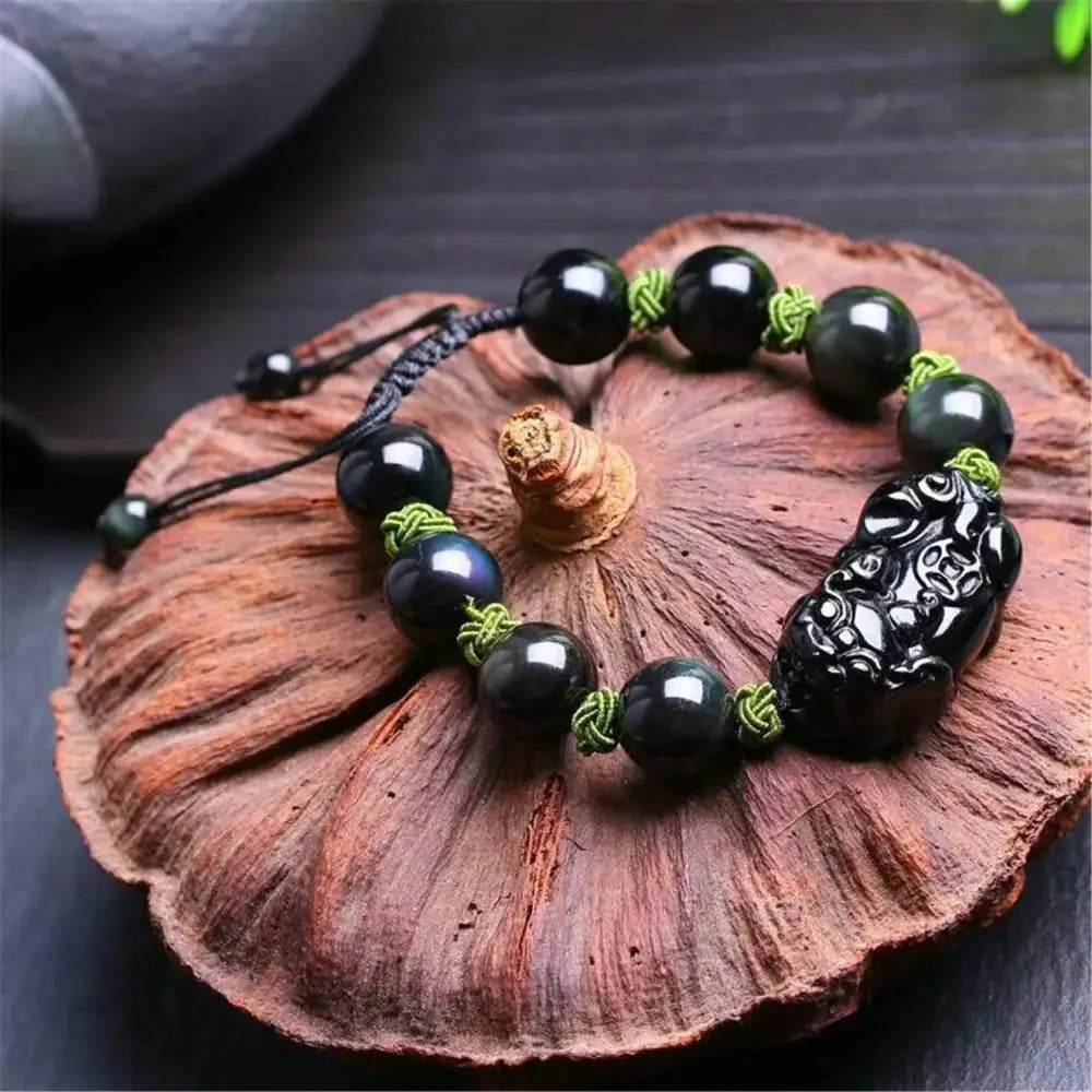 Obsidian Pixiu Bracelet – Braided Wealth Amulet - Loton Decor
