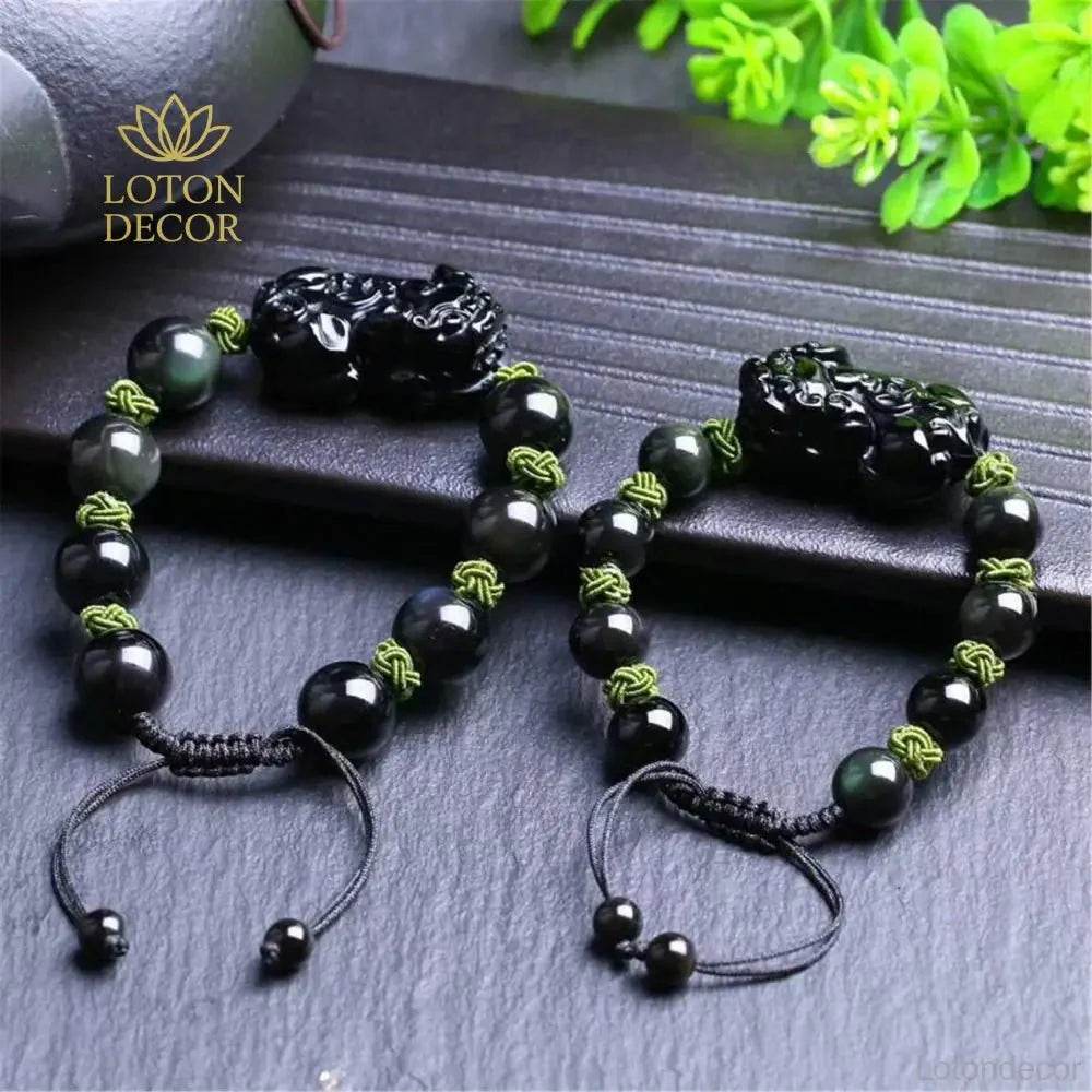 Obsidian Pixiu Bracelet – Braided Wealth Amulet - Loton Decor