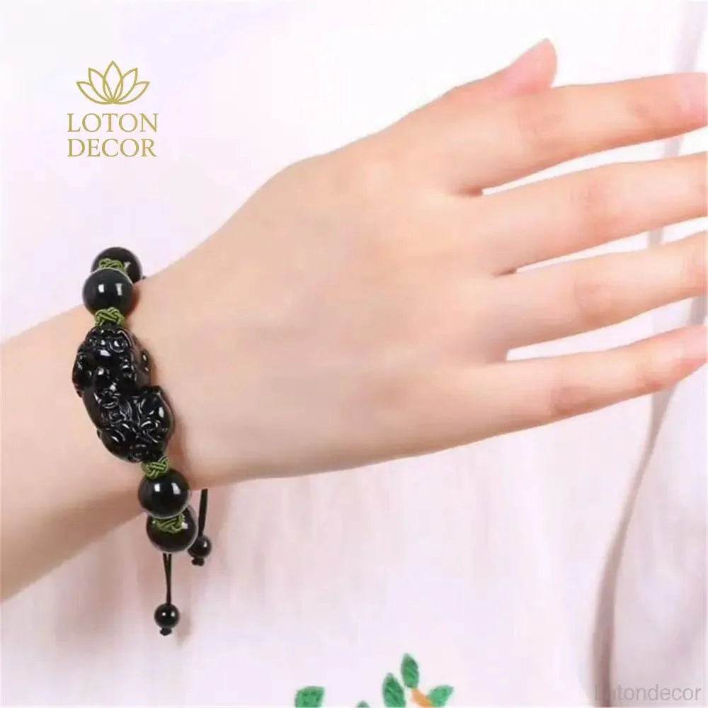 Obsidian Pixiu Bracelet – Braided Wealth Amulet - Loton Decor