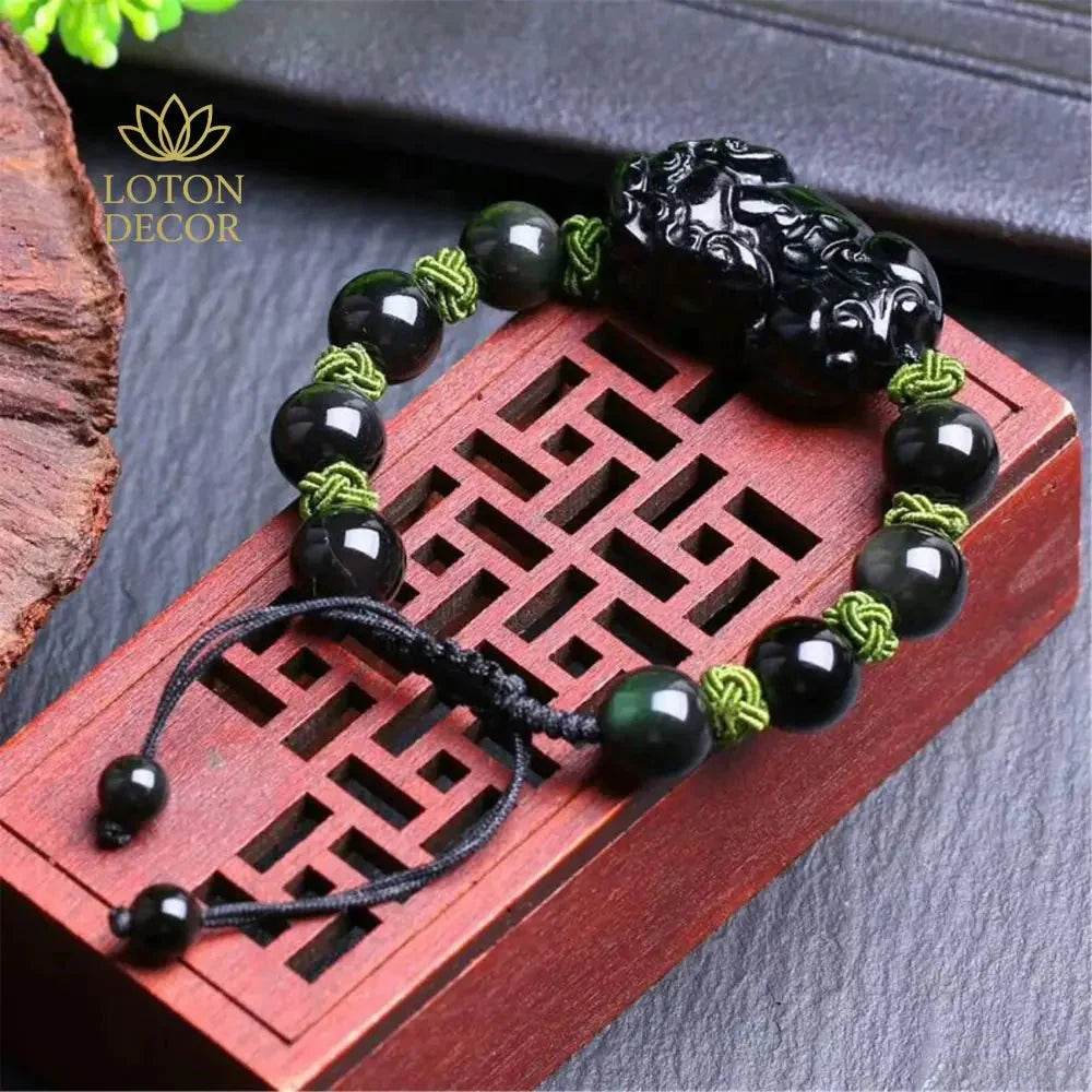 Obsidian Pixiu Bracelet – Braided Wealth Amulet - Loton Decor