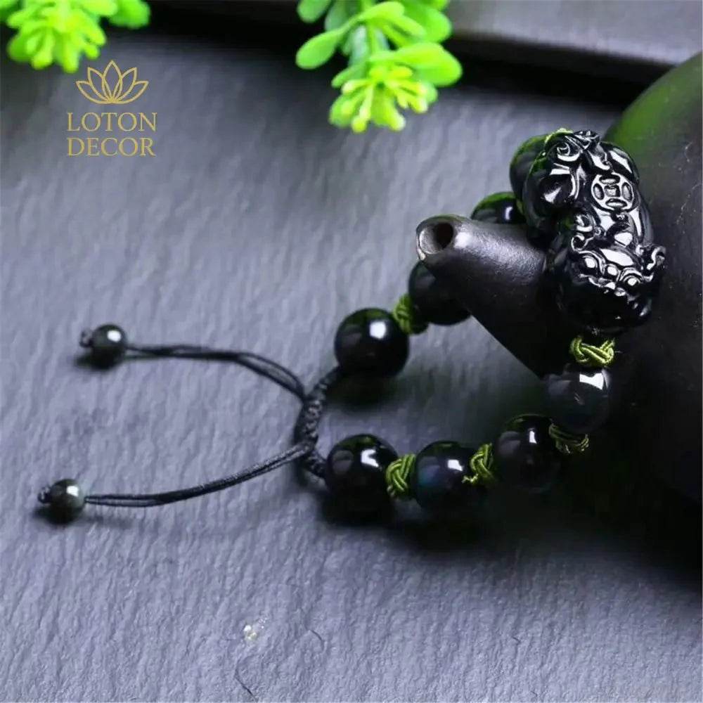 Obsidian Pixiu Bracelet – Braided Wealth Amulet - Loton Decor