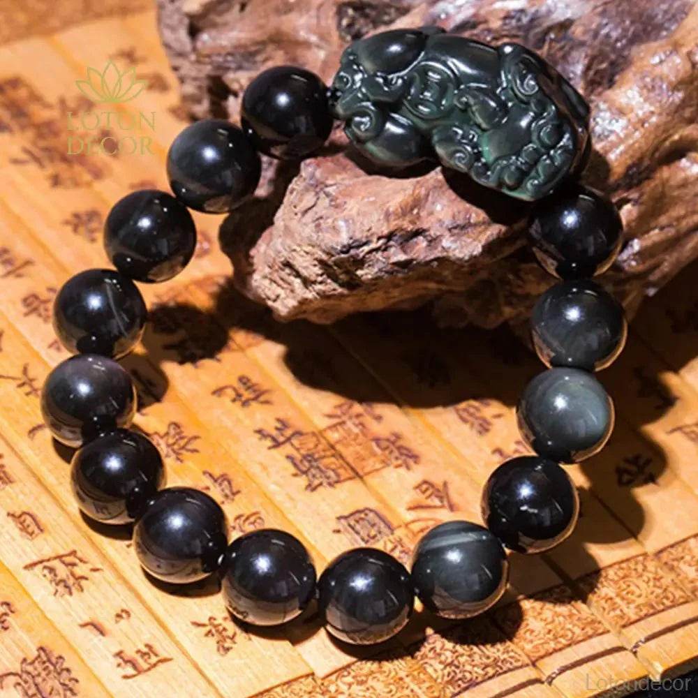 Obsidian Pixiu Bracelet – Chakra Healing Wealth Talisman - Loton Decor