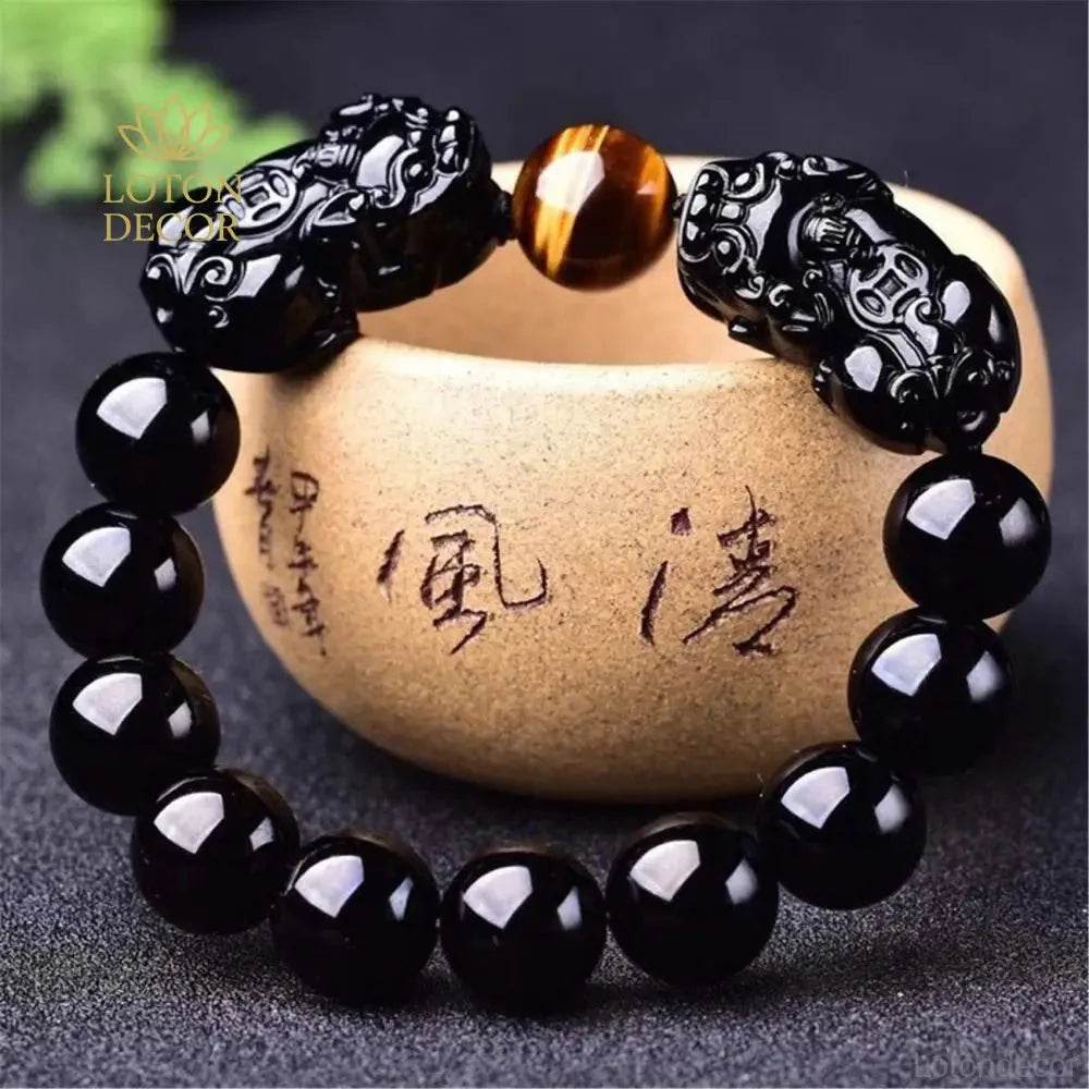 Obsidian Tiger Eye Pixiu Bracelet – Wealth & Luck Charm - Loton Decor
