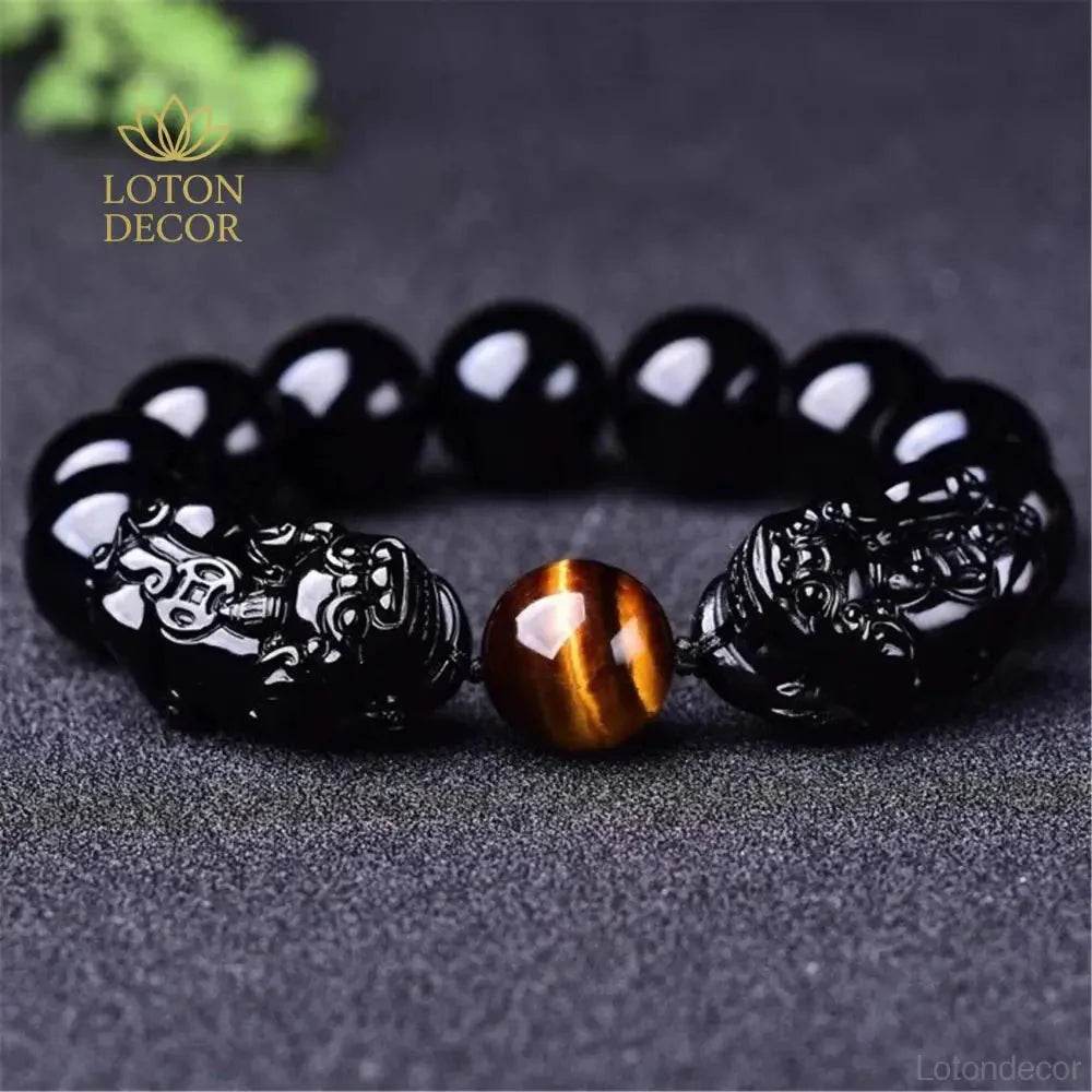 Obsidian Tiger Eye Pixiu Bracelet – Wealth & Luck Charm - Loton Decor