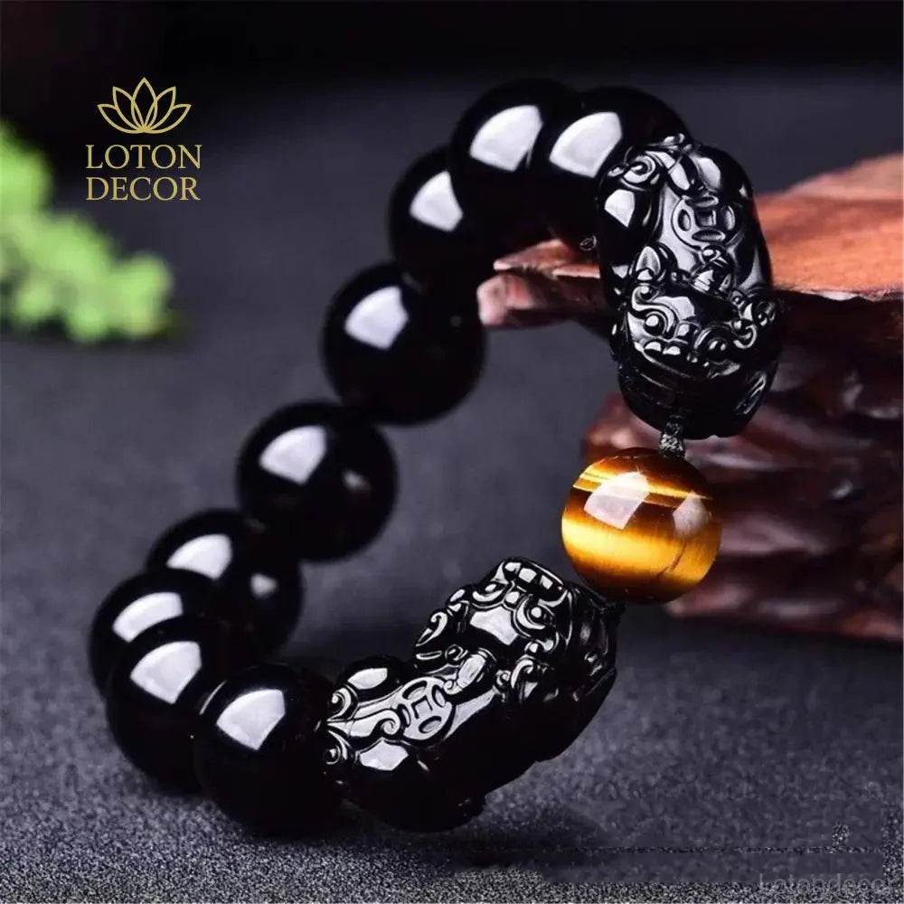 Obsidian Tiger Eye Pixiu Bracelet – Wealth & Luck Charm - Loton Decor