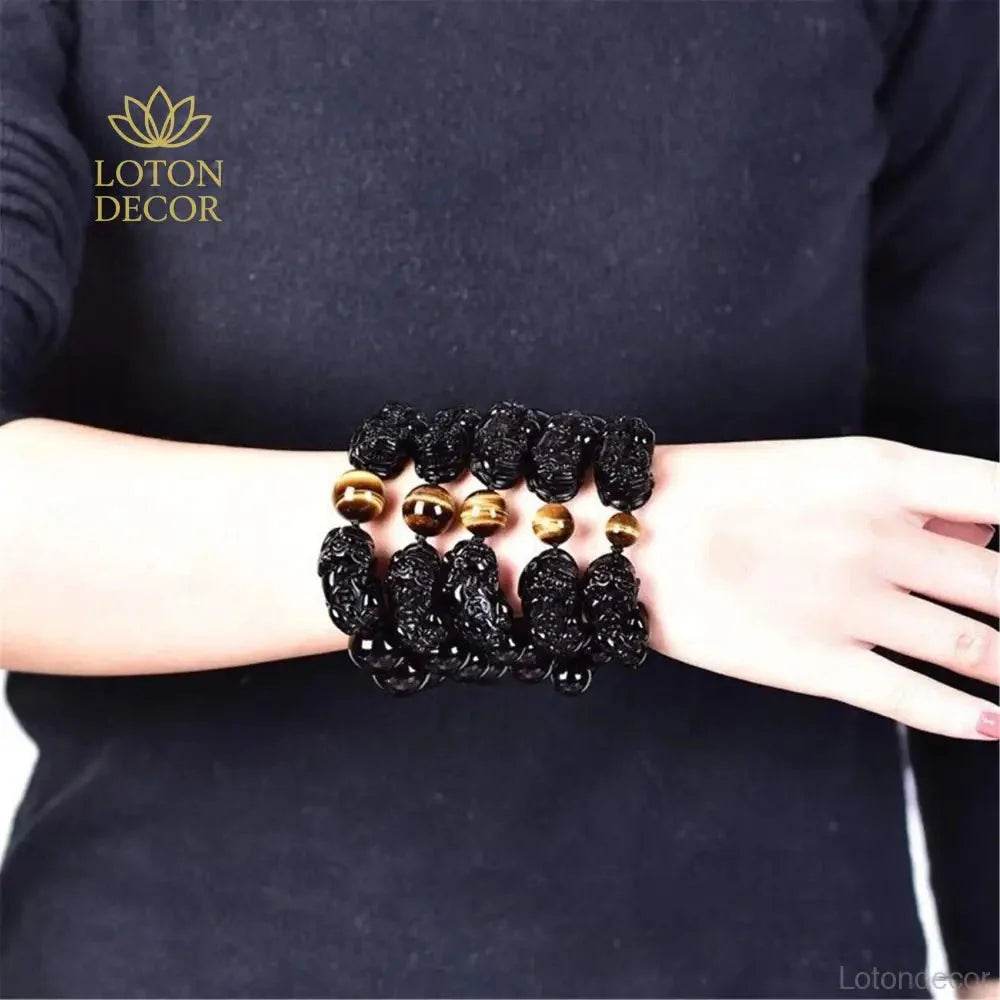 Obsidian Tiger Eye Pixiu Bracelet – Wealth & Luck Charm - Loton Decor