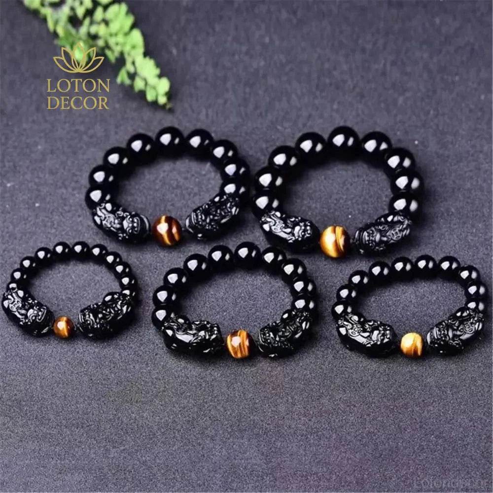 Obsidian Tiger Eye Pixiu Bracelet – Wealth & Luck Charm - Loton Decor