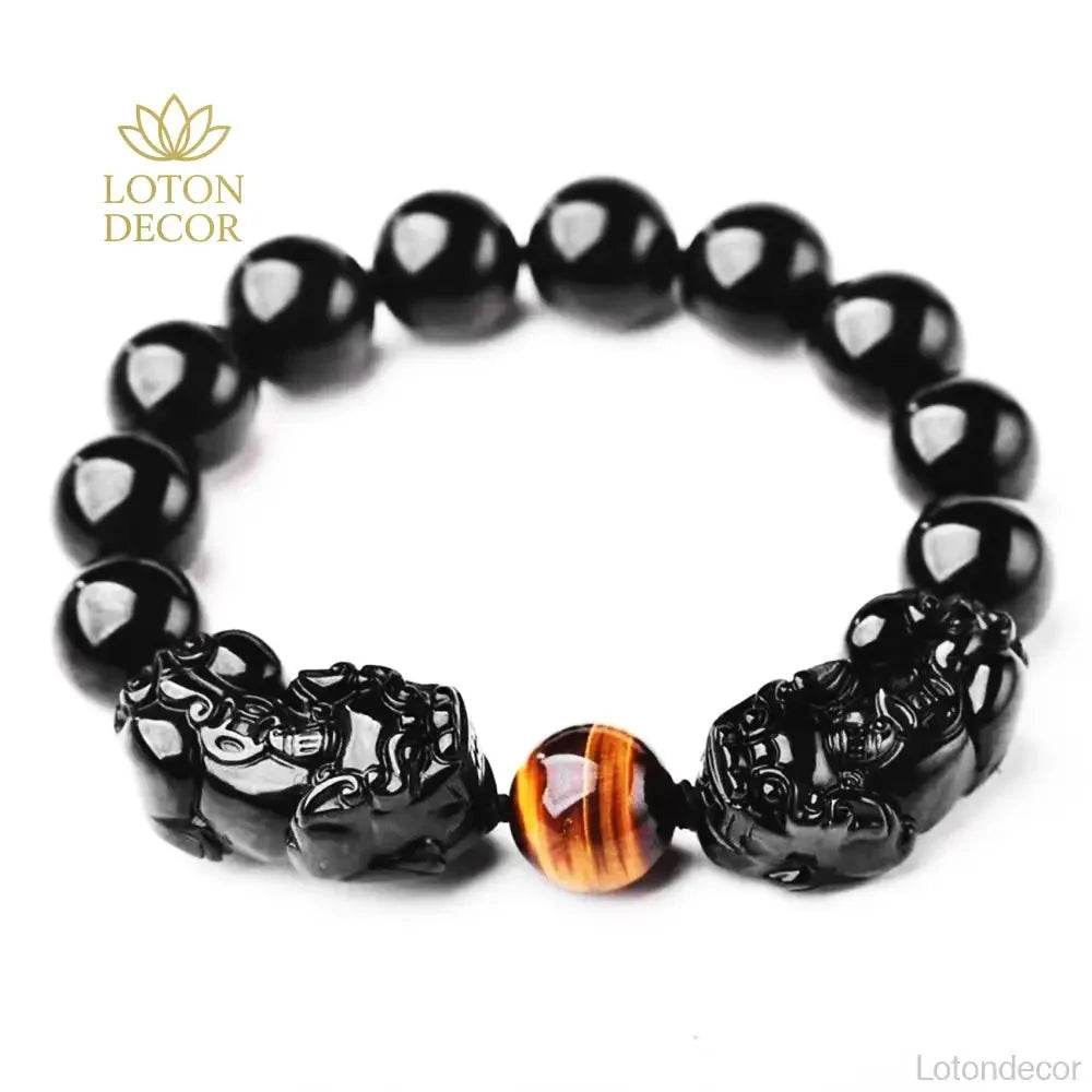 Obsidian Tiger Eye Pixiu Bracelet – Wealth & Luck Charm - Loton Decor