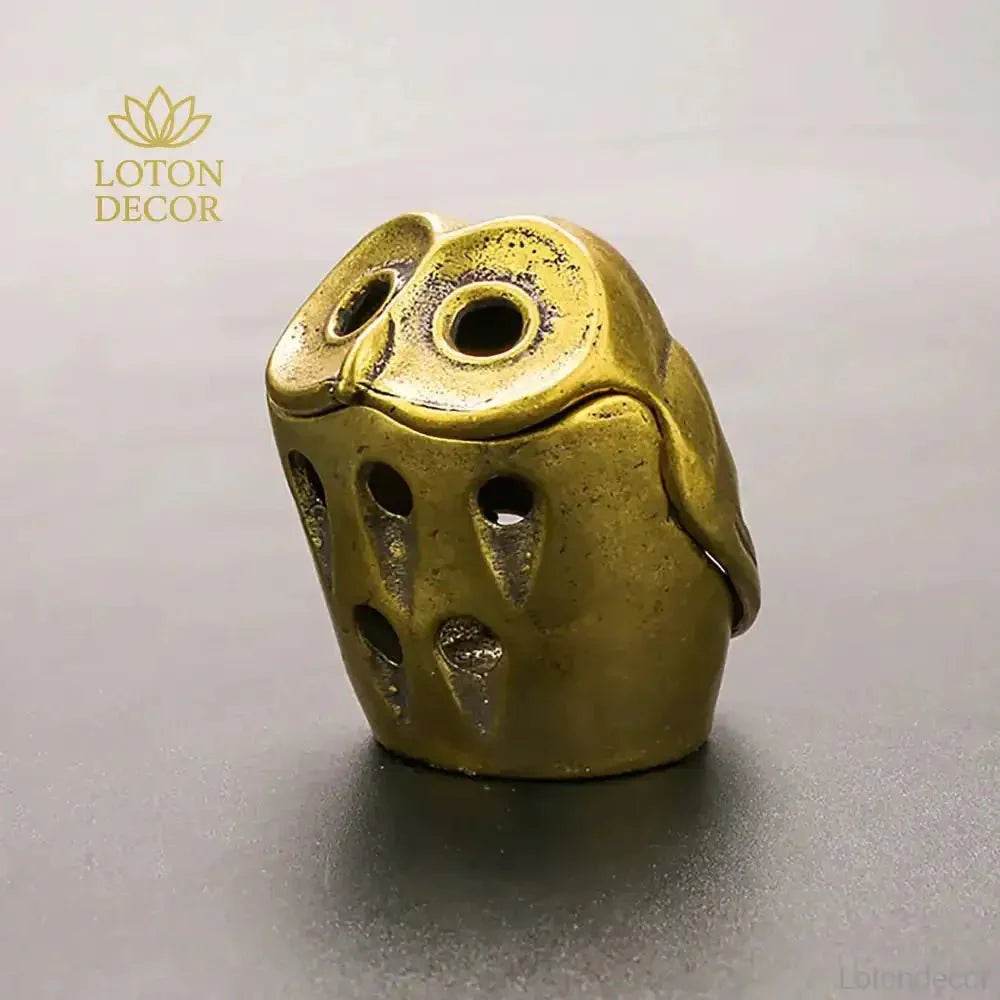 Owl Incense Burner Solid Brass Cone Incense Holder Feng Shui Wealth Statue Boho Forest Animal Figurine - Loton Decor