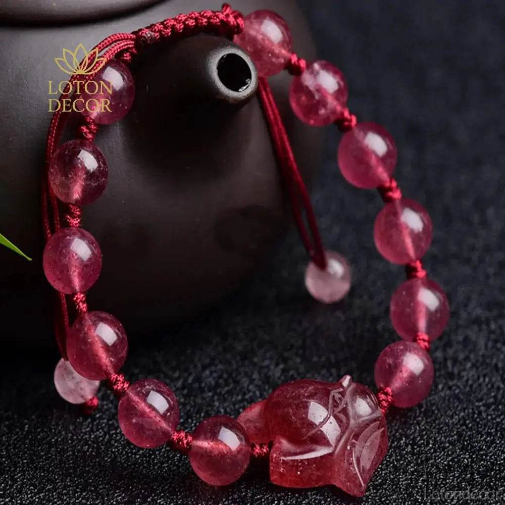 Pixiu Fox Bracelet – Strawberry Crystal Feng Shui Amulet - Loton Decor