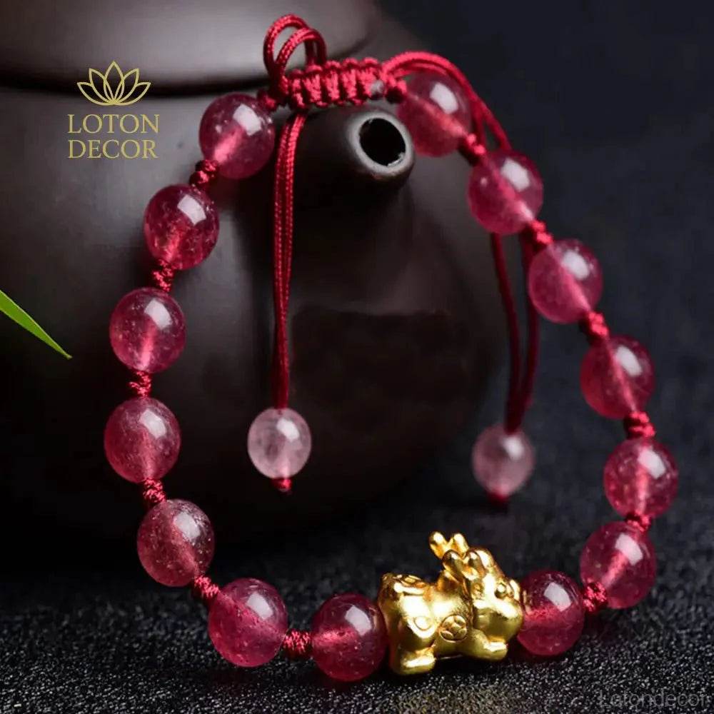 Pixiu Fox Bracelet – Strawberry Crystal Feng Shui Amulet - Loton Decor