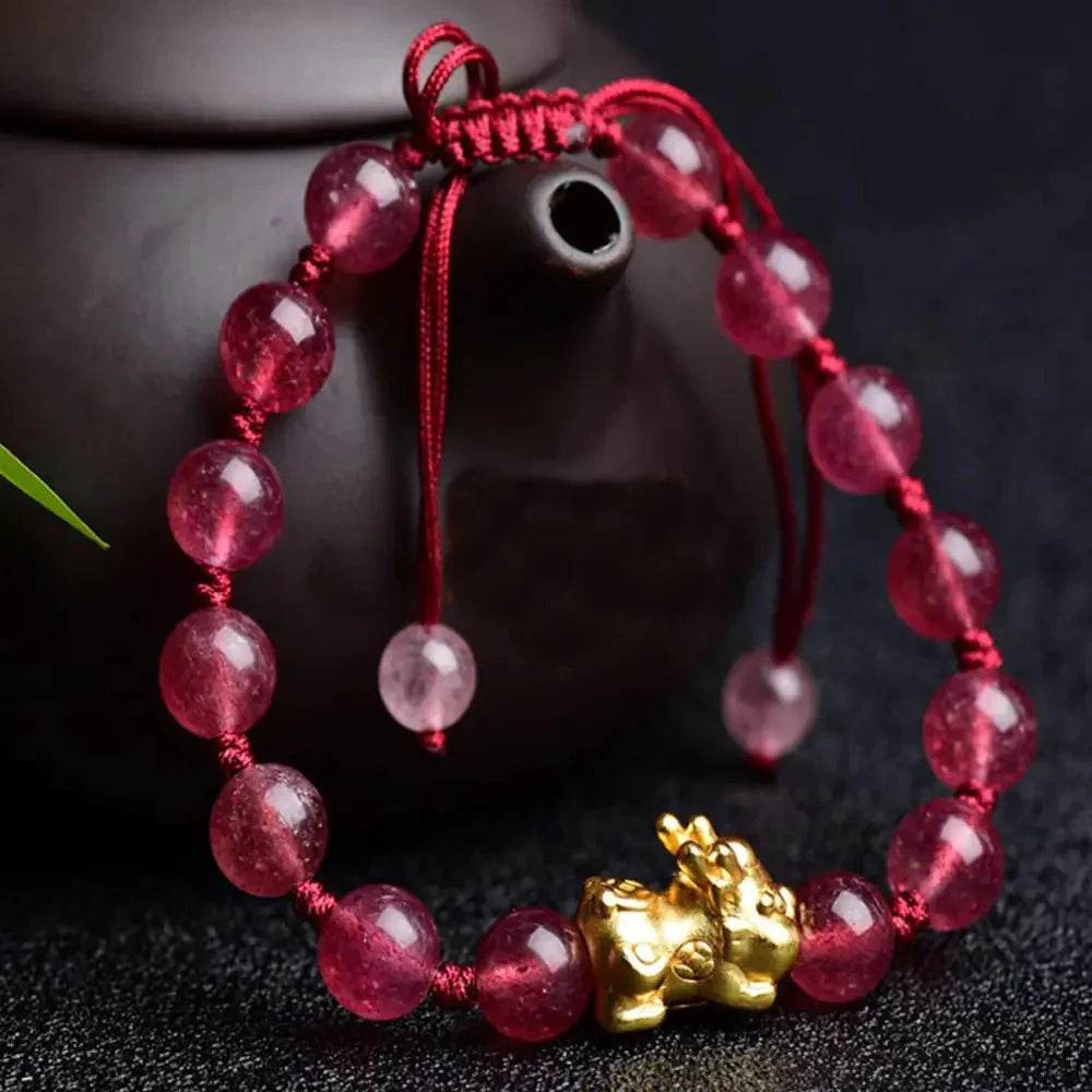 Pixiu Fox Bracelet – Strawberry Crystal Feng Shui Amulet - Loton Decor