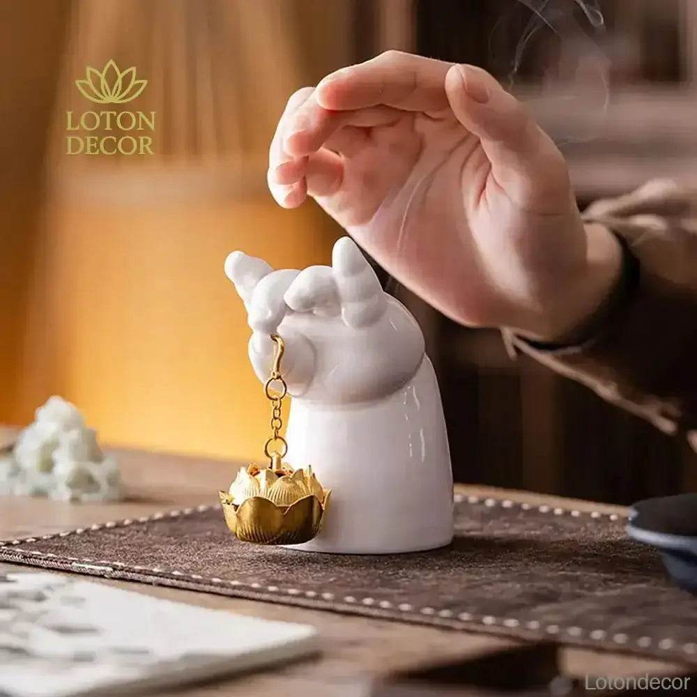 Porcelain Incense Burner Buddha's Hand Mudras Lotus Incense Holder Feng Shui Statue Zen Art for Peace Tranquility - Loton Decor