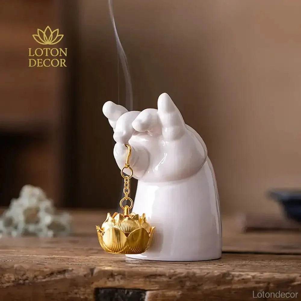 Porcelain Incense Burner Buddha's Hand Mudras Lotus Incense Holder Feng Shui Statue Zen Art for Peace Tranquility - Loton Decor