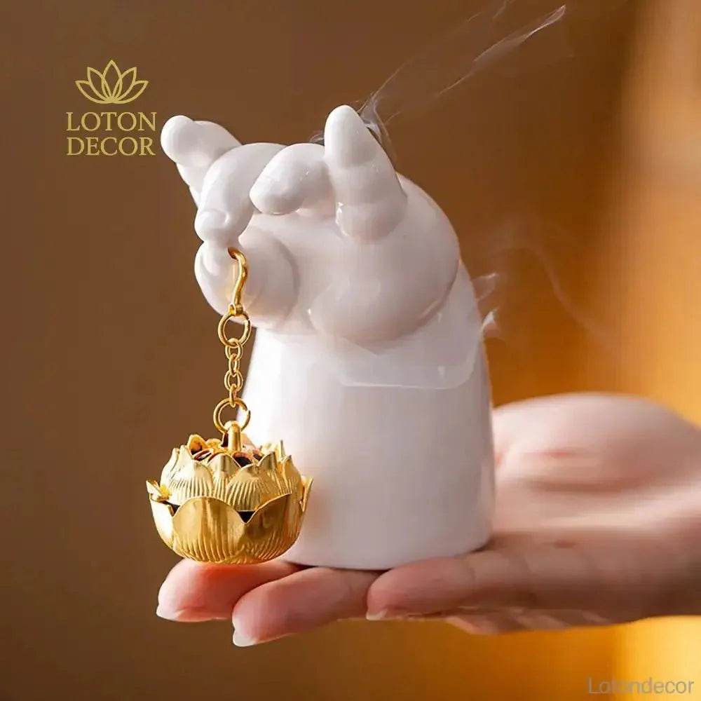 Porcelain Incense Burner Buddha's Hand Mudras Lotus Incense Holder Feng Shui Statue Zen Art for Peace Tranquility - Loton Decor