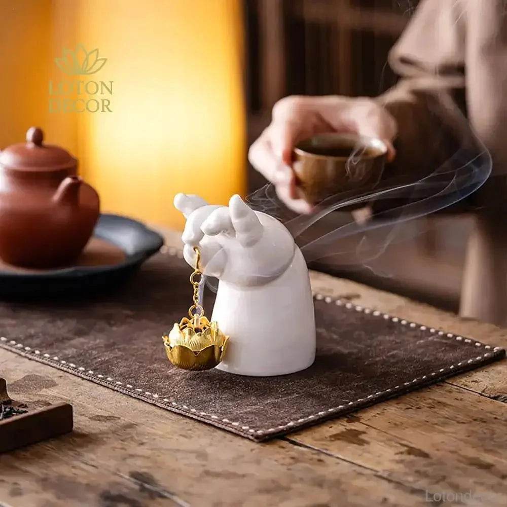 Porcelain Incense Burner Buddha's Hand Mudras Lotus Incense Holder Feng Shui Statue Zen Art for Peace Tranquility - Loton Decor