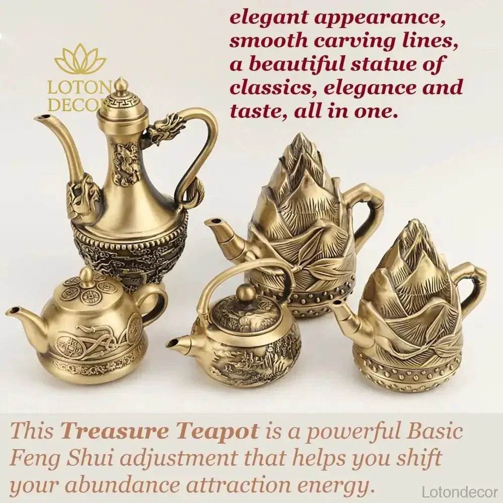 Pure Brass Tea Pot Statue Auspicious Coin Knots Feng Shui Treasure Wealth Attraction Tea Pot - Loton Decor