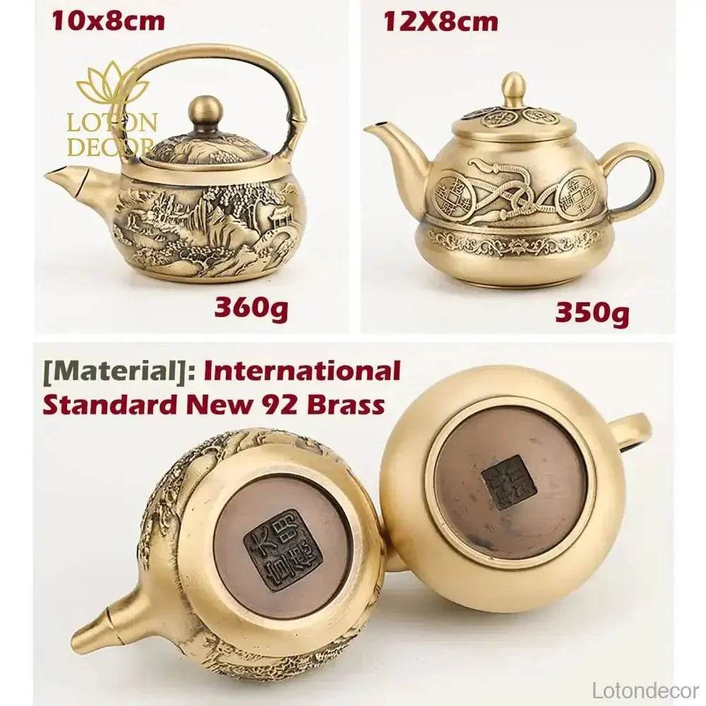 Pure Brass Tea Pot Statue Auspicious Coin Knots Feng Shui Treasure Wealth Attraction Tea Pot - Loton Decor