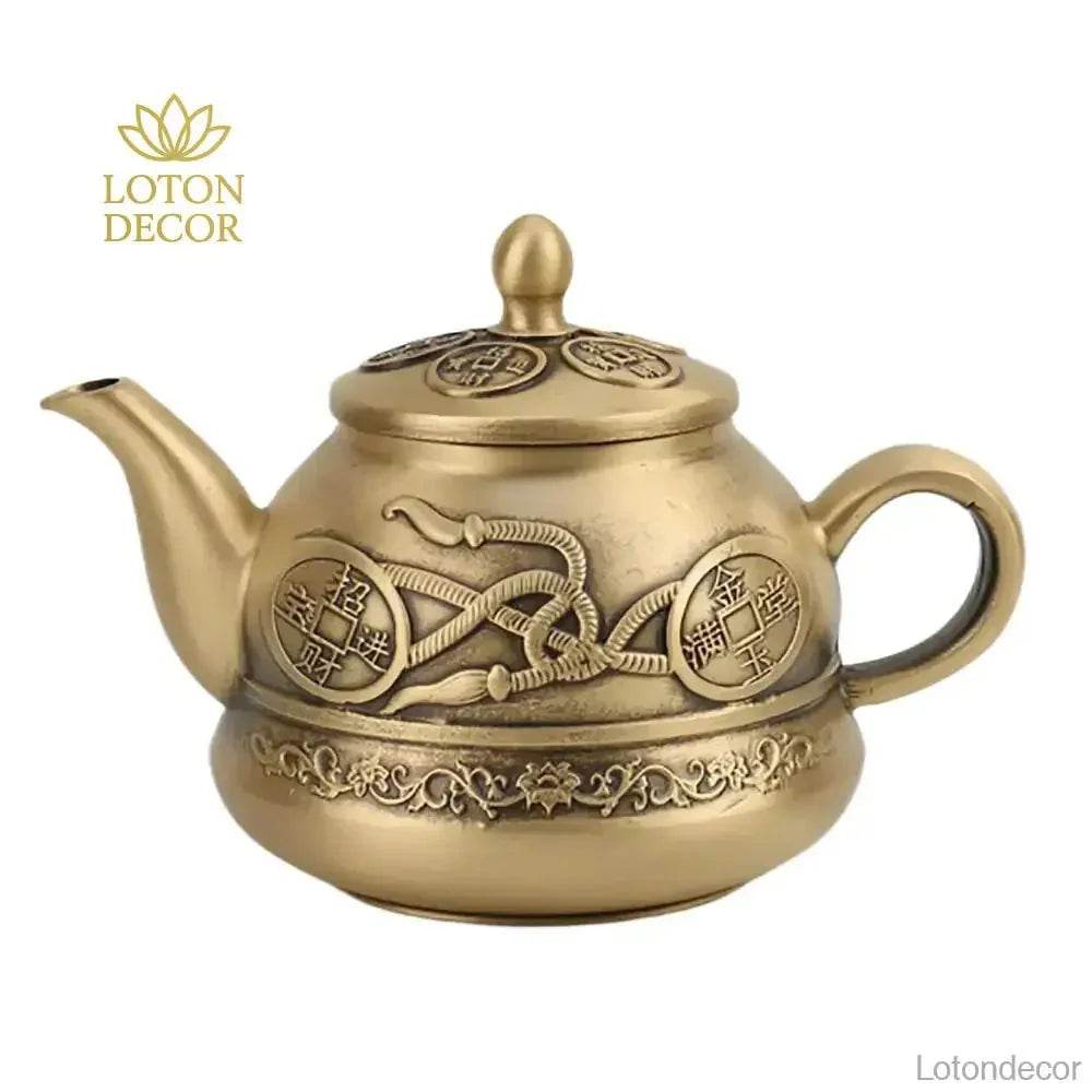 Pure Brass Tea Pot Statue Auspicious Coin Knots Feng Shui Treasure Wealth Attraction Tea Pot - Loton Decor