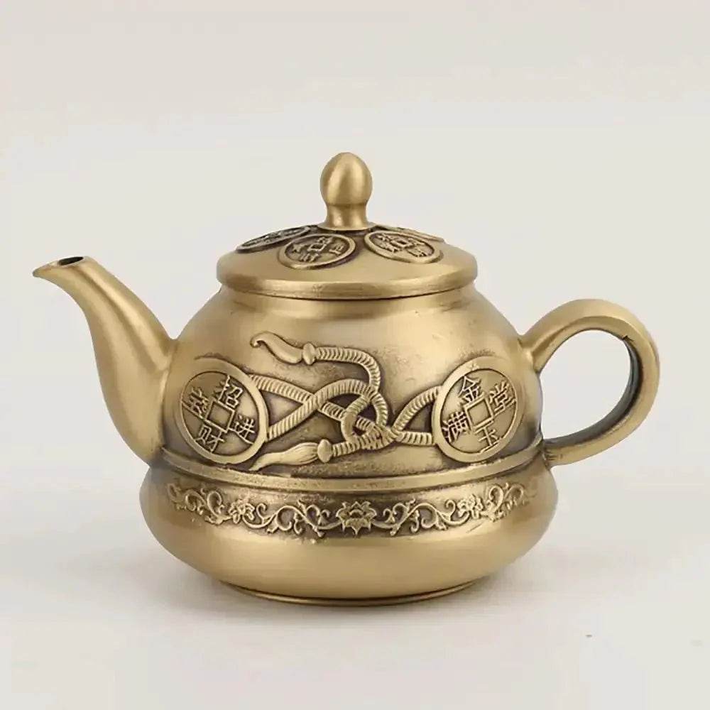 Pure Brass Tea Pot Statue Auspicious Coin Knots Feng Shui Treasure Wealth Attraction Tea Pot - Loton Decor