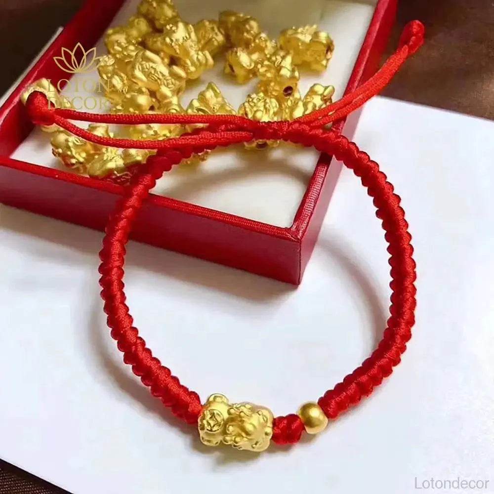Pure Gold Pi Yao Red Rope Bracelet – Feng Shui Amulet - Loton Decor