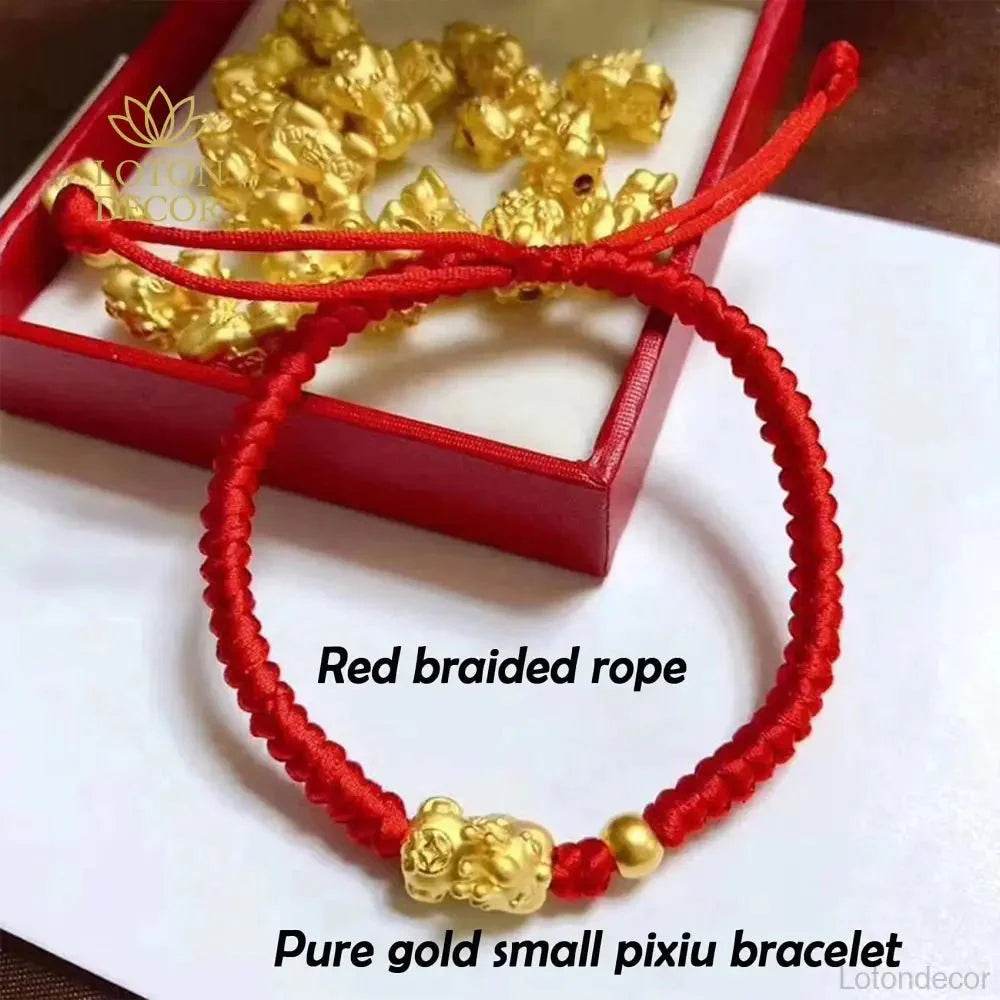 Pure Gold Pi Yao Red Rope Bracelet – Feng Shui Amulet - Loton Decor