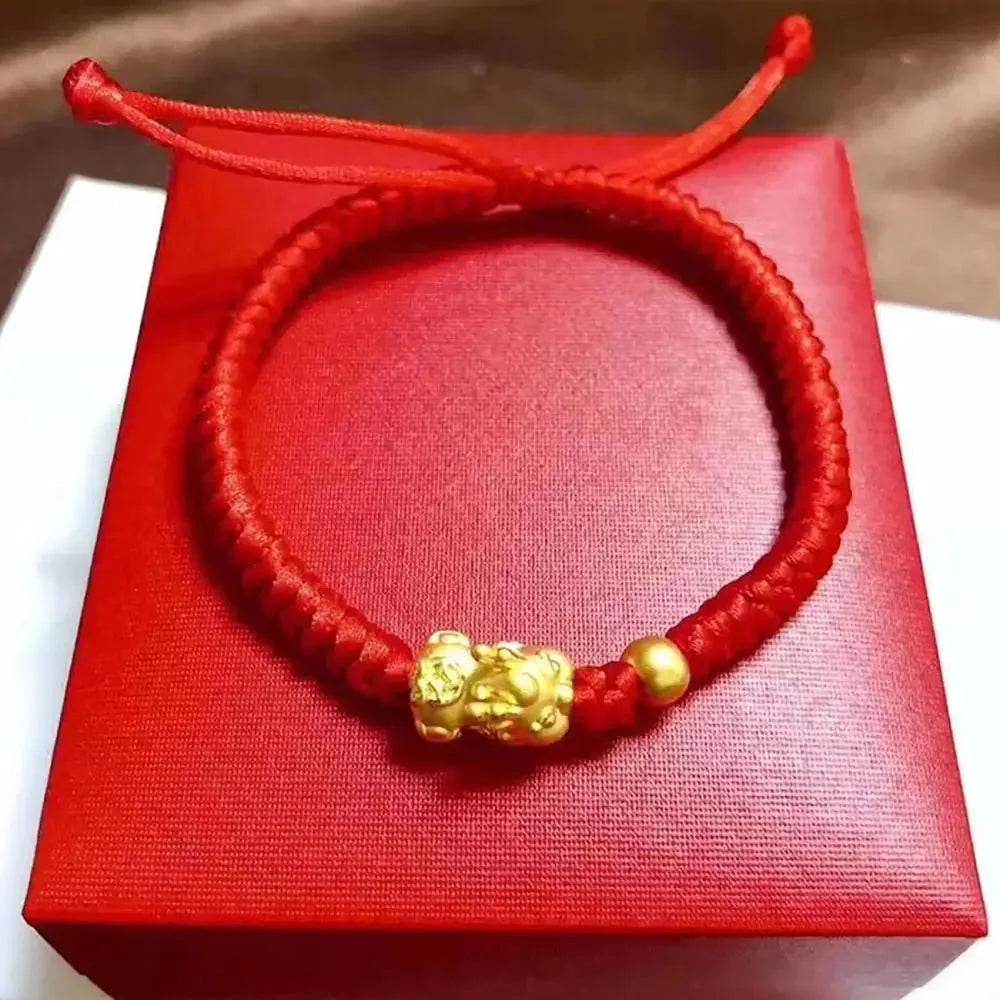 Pure Gold Pi Yao Red Rope Bracelet – Feng Shui Amulet - Loton Decor