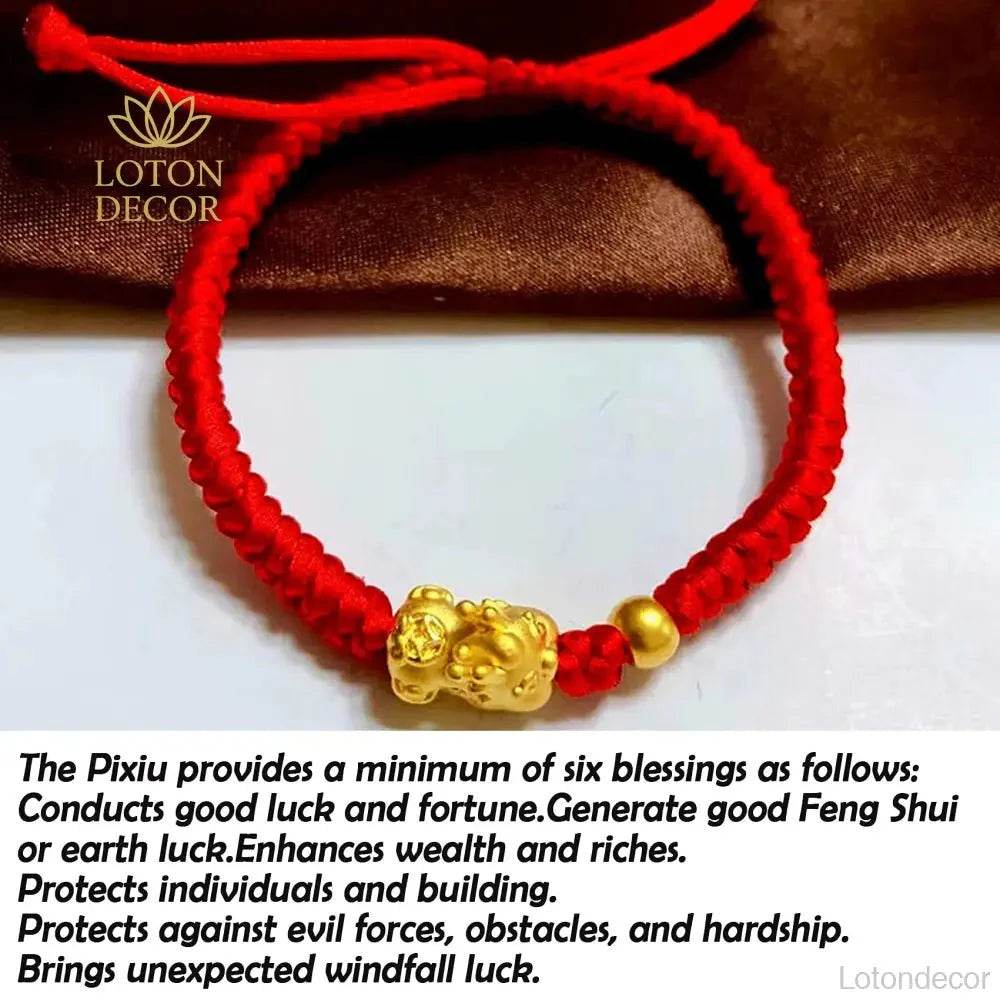 Pure Gold Pi Yao Red Rope Feng Shui Lucky Wealth Bracelet - Loton Decor