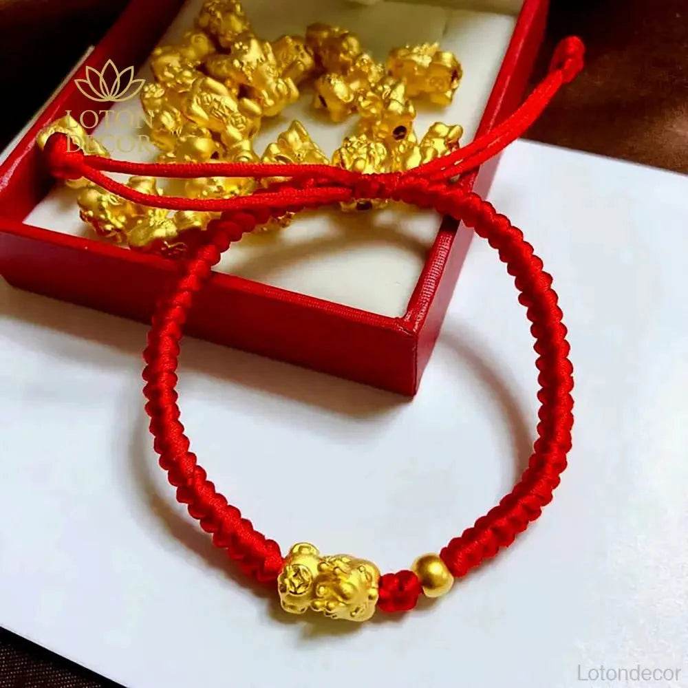 Pure Gold Pi Yao Red Rope Feng Shui Lucky Wealth Bracelet - Loton Decor