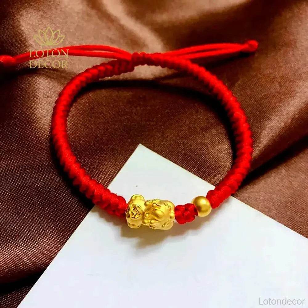 Pure Gold Pi Yao Red Rope Feng Shui Lucky Wealth Bracelet - Loton Decor