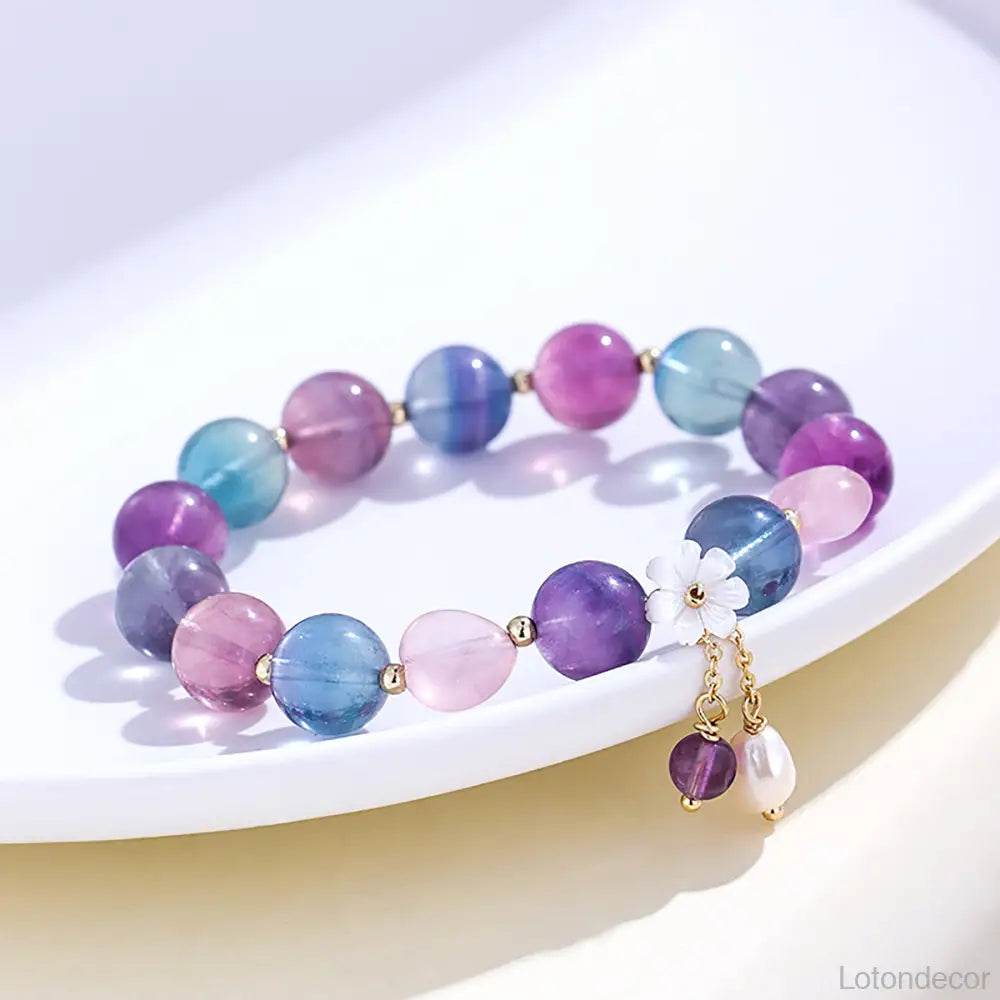 Purple Fluorite Bracelet Feng Shui Seven Chakra Balance Gem Seashell Flower Crystal Bracelet Prosperity Luck - Loton Decor