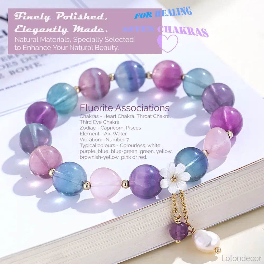 Purple Fluorite Bracelet Feng Shui Seven Chakra Balance Gem Seashell Flower Crystal Bracelet Prosperity Luck - Loton Decor