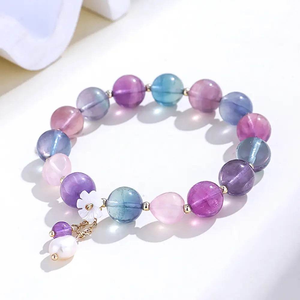 Purple Fluorite Bracelet Feng Shui Seven Chakra Balance Gem Seashell Flower Crystal Bracelet Prosperity Luck - Loton Decor