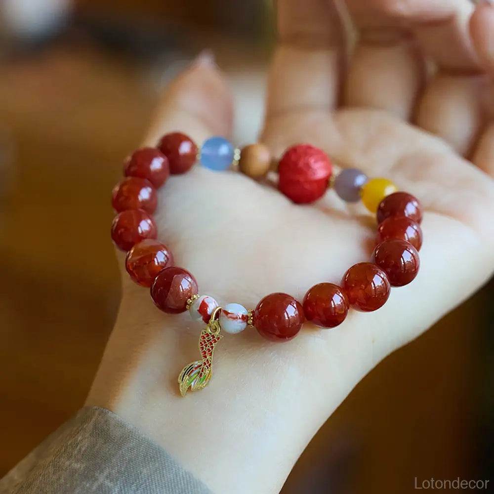 Red Agate Crystal Bracelet Carved Cinnabar Bead Enamel Pendant Feng Shui Nine Purple Fire Luck Bracelet - Loton Decor