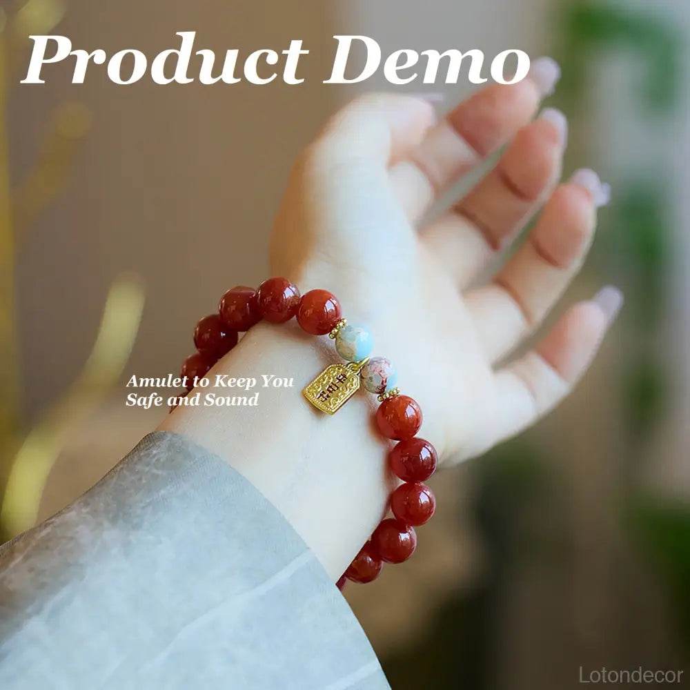 Red Agate Crystal Bracelet Carved Cinnabar Bead Enamel Pendant Feng Shui Nine Purple Fire Luck Bracelet - Loton Decor