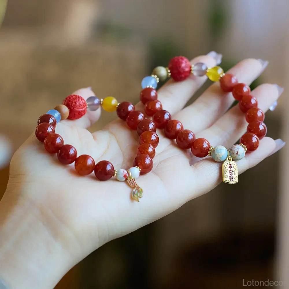 Red Agate Crystal Bracelet Carved Cinnabar Bead Enamel Pendant Feng Shui Nine Purple Fire Luck Bracelet - Loton Decor