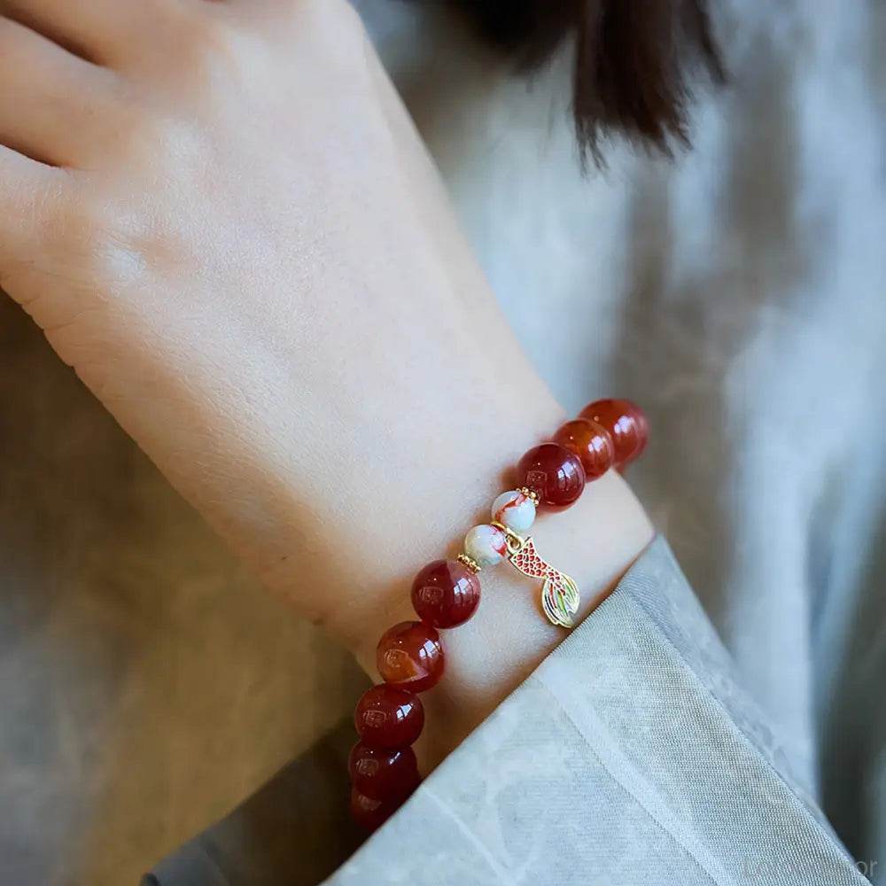 Red Agate Crystal Bracelet Carved Cinnabar Bead Enamel Pendant Feng Shui Nine Purple Fire Luck Bracelet - Loton Decor