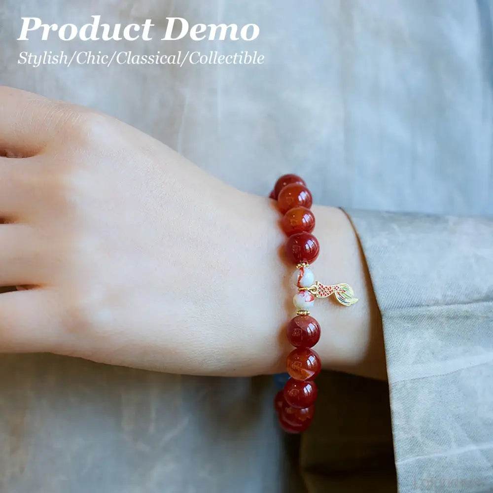 Red Agate Crystal Bracelet Carved Cinnabar Bead Enamel Pendant Feng Shui Nine Purple Fire Luck Bracelet - Loton Decor