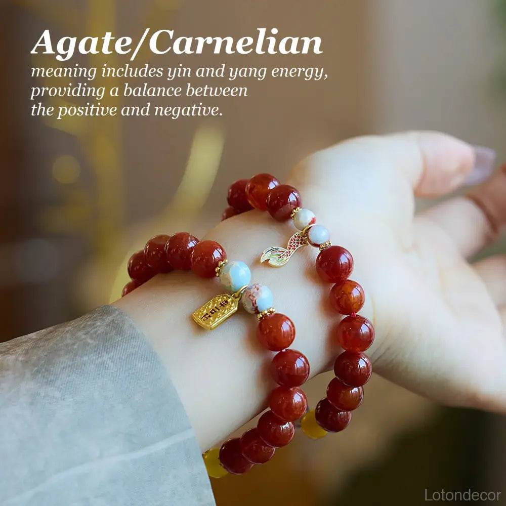Red Agate Crystal Bracelet Carved Cinnabar Bead Enamel Pendant Feng Shui Nine Purple Fire Luck Bracelet - Loton Decor