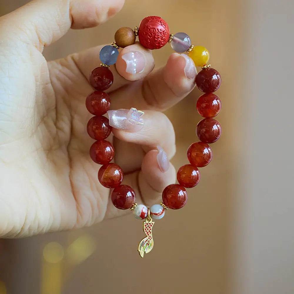 Red Agate Crystal Bracelet Carved Cinnabar Bead Enamel Pendant Feng Shui Nine Purple Fire Luck Bracelet - Loton Decor