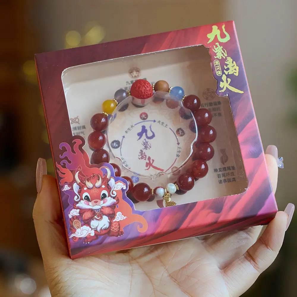 Red Agate Crystal Bracelet Carved Cinnabar Bead Enamel Pendant Feng Shui Nine Purple Fire Luck Bracelet - Loton Decor