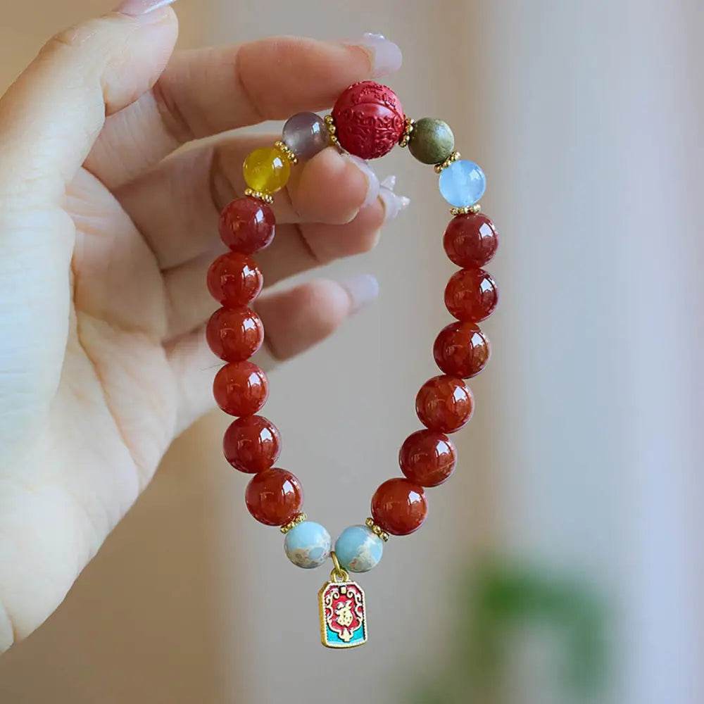 Red Agate Crystal Bracelet Carved Cinnabar Bead Enamel Pendant Feng Shui Nine Purple Fire Luck Bracelet - Loton Decor