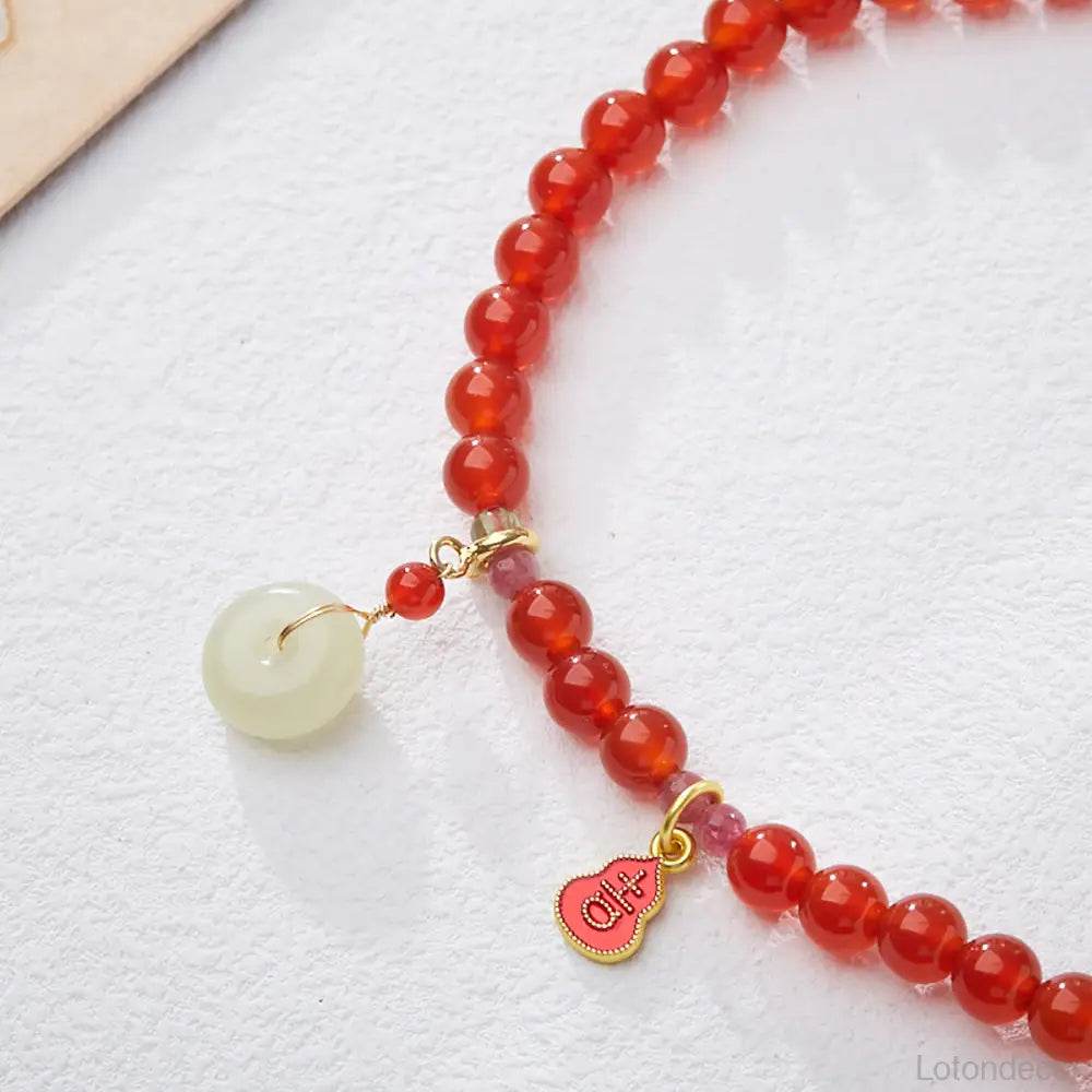 Red Agate Crystal Bracelet Harmony Buckle Jade Donut Gourd Charm Feng Shui Wealth Bracelet Prosperity Luck Money - Loton Decor