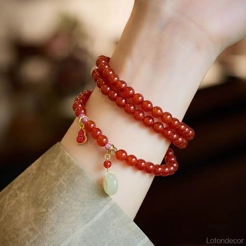 Red Agate Crystal Bracelet Harmony Buckle Jade Donut Gourd Charm Feng Shui Wealth Bracelet Prosperity Luck Money - Loton Decor