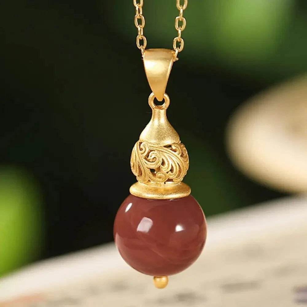Red Agate Hulu Necklace – Silver Feng Shui Wealth Amulet - Loton Decor