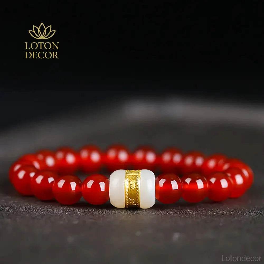 Red Agate & Jade Bracelet – Adjustable Wealth Amulet - Loton Decor