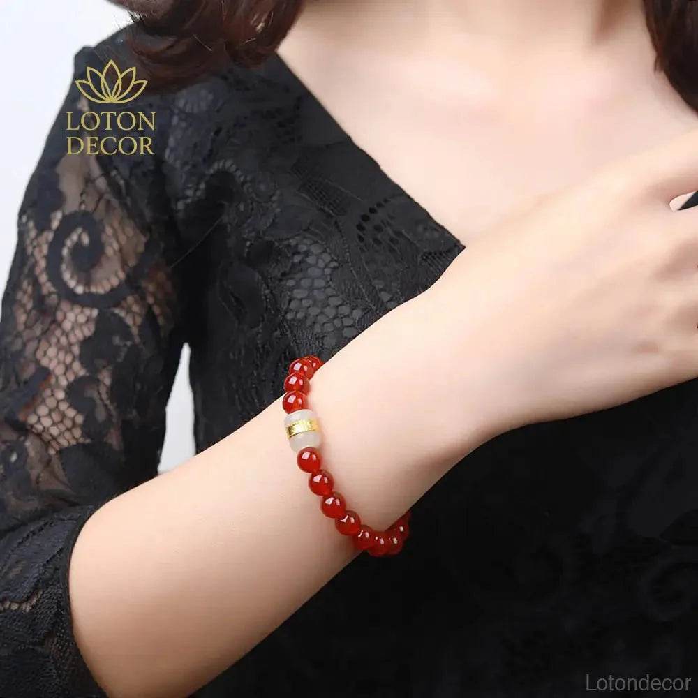 Red Agate & Jade Bracelet – Adjustable Wealth Amulet - Loton Decor