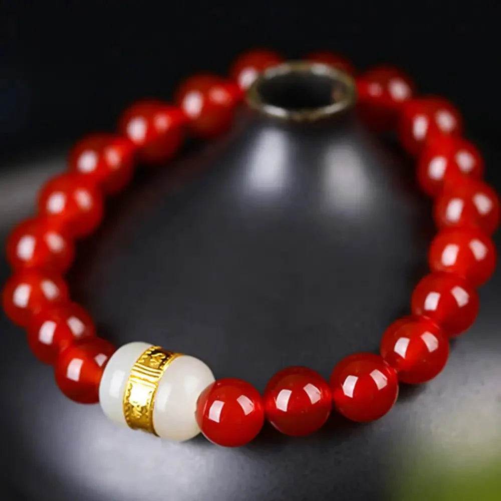 Red Agate & Jade Bracelet – Adjustable Wealth Amulet - Loton Decor