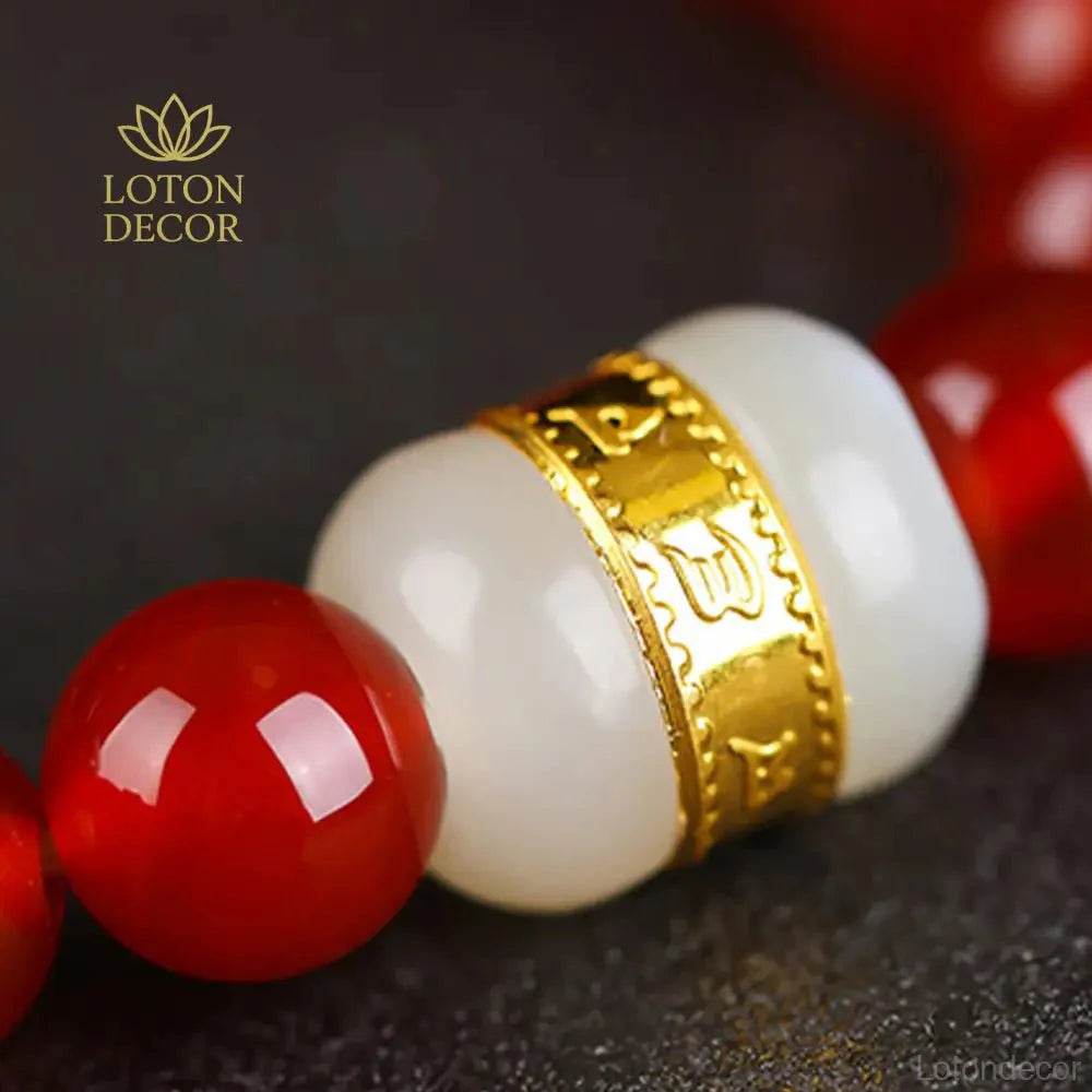 Red Agate & Jade Bracelet – Adjustable Wealth Amulet - Loton Decor