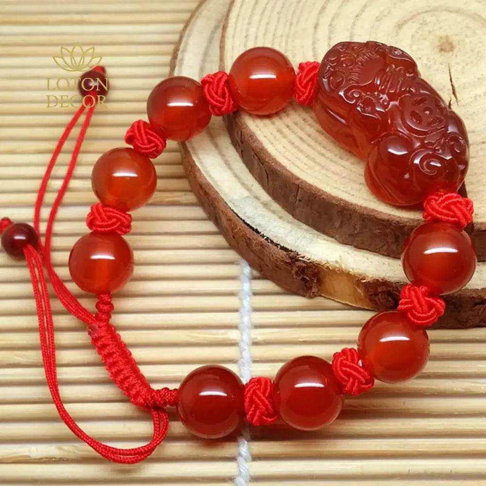 Red Agate Pixiu Bracelet – Braided Knot Wealth Talisman - Loton Decor